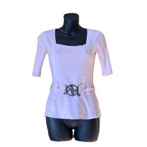 Pale Pink Square Neck Ribbed Top with Matching Belt • Size S